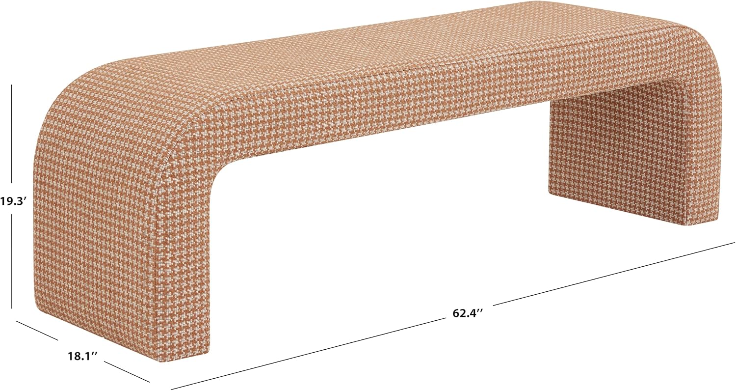 SAFAVIEH Couture - Caralynn Brown Boucle – Houndstooth Pattern – Curved Waterfall Upholstered Bench, Fully Assembled, 62.4' W x 18.1' D x 19.3' H (SFV5027Q)