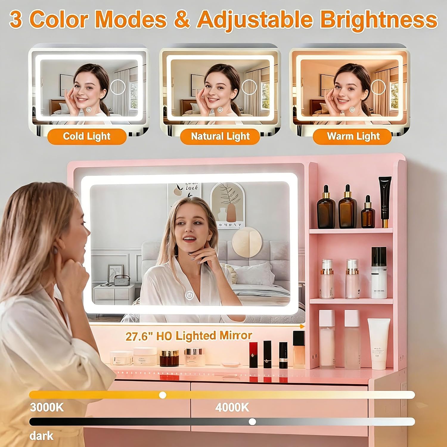 Vanity Desk, Makeup Vanity Desk with Mirror and Lights, Transparent Top with LED Multiple Color Lights, Mirror 3 Color Modes 2 Drawers, Power Outlet, Dressing Table for Girls Bedroom, Pink