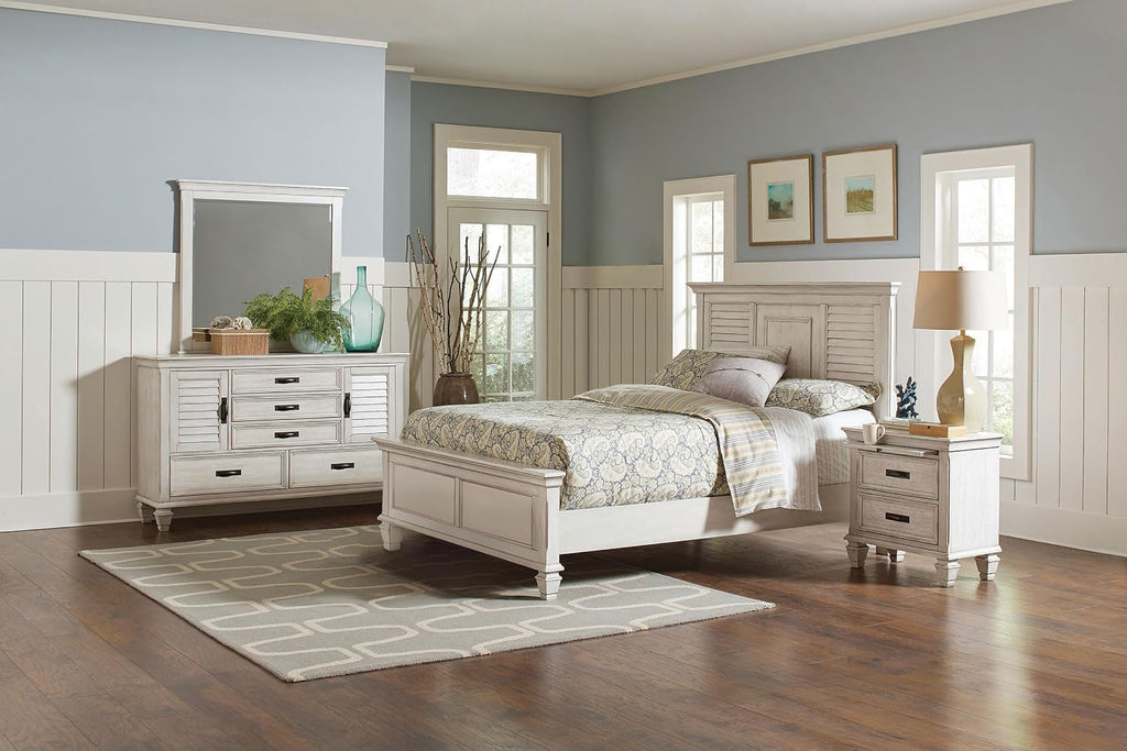 Coaster Home Furnishings Franco Farmhouse 4-Piece Bedroom Set Eastern King Size Panel Bed Frame 57-inch Headboard Distressed White 205331KE-S4