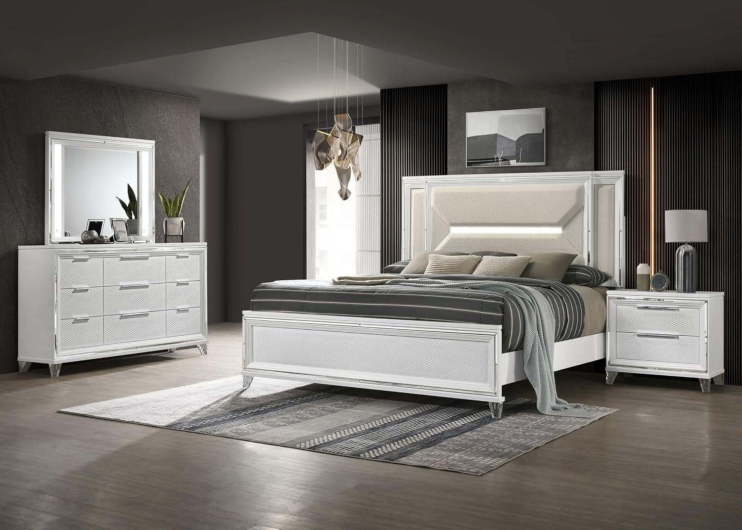 Coaster Home Furnishings Marmore Contemporary 4-Piece Bedroom Set Boucle Upholstered Queen Size LED Panel Bed Frame 64-inch Headboard White 224961Q-S4