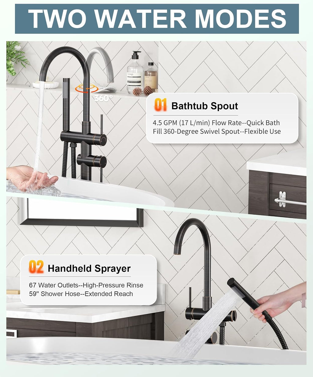 Freestanding Tub Filler Faucet Bronze: High Flow Brass Floor Mount Bathtub Filler, Swivel Gooseneck Spout with Single Handheld Sprayer for Bath Shower, Oil Rubbed Bronze
