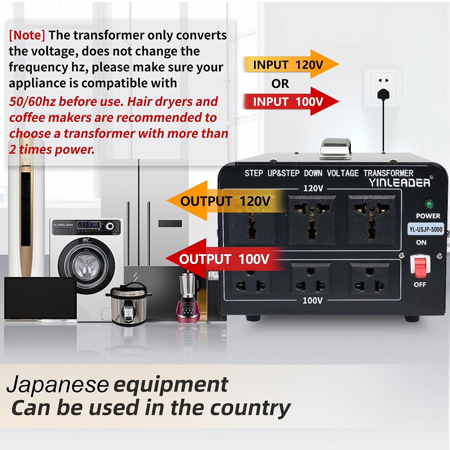 Yinleader 120V to 100V US to Japan Voltage Converter Step Down/Up Transformer for Japanese Industrial or High-Power Use in US(5000W)