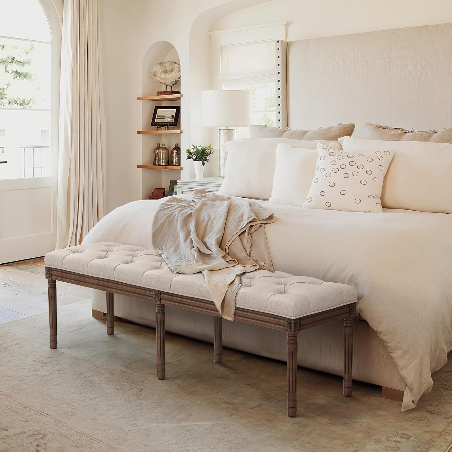 LUE BONA 60' Fabric End of Bed Bench, Upholstered Tufted French Bedroom Bench with Carved Dark Brown Legs for Bedroom End of King Size Bed, Living Room, Linen
