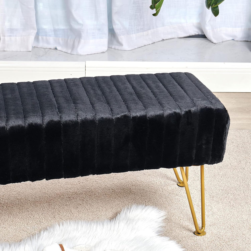 Black Soft Rectangle Faux Fur Long Ottoman Entryway Bench Furry Footrest Stool 46'x16'x17' Sturdy Accent Bench for Bedroom at The End of Bed Fuzzy Coffee Table Living Room Closet Golden Leg