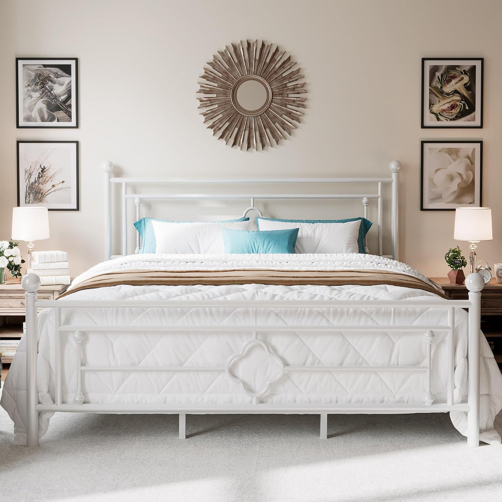 HOOMIC 14 Inch King Size Metal Platform Bed Frame, Vintage Victorian Style, Wrought Iron Headboard and Footboard/Mattress Foundation for Storage/No Box Spring Required/Easy Assembly/White