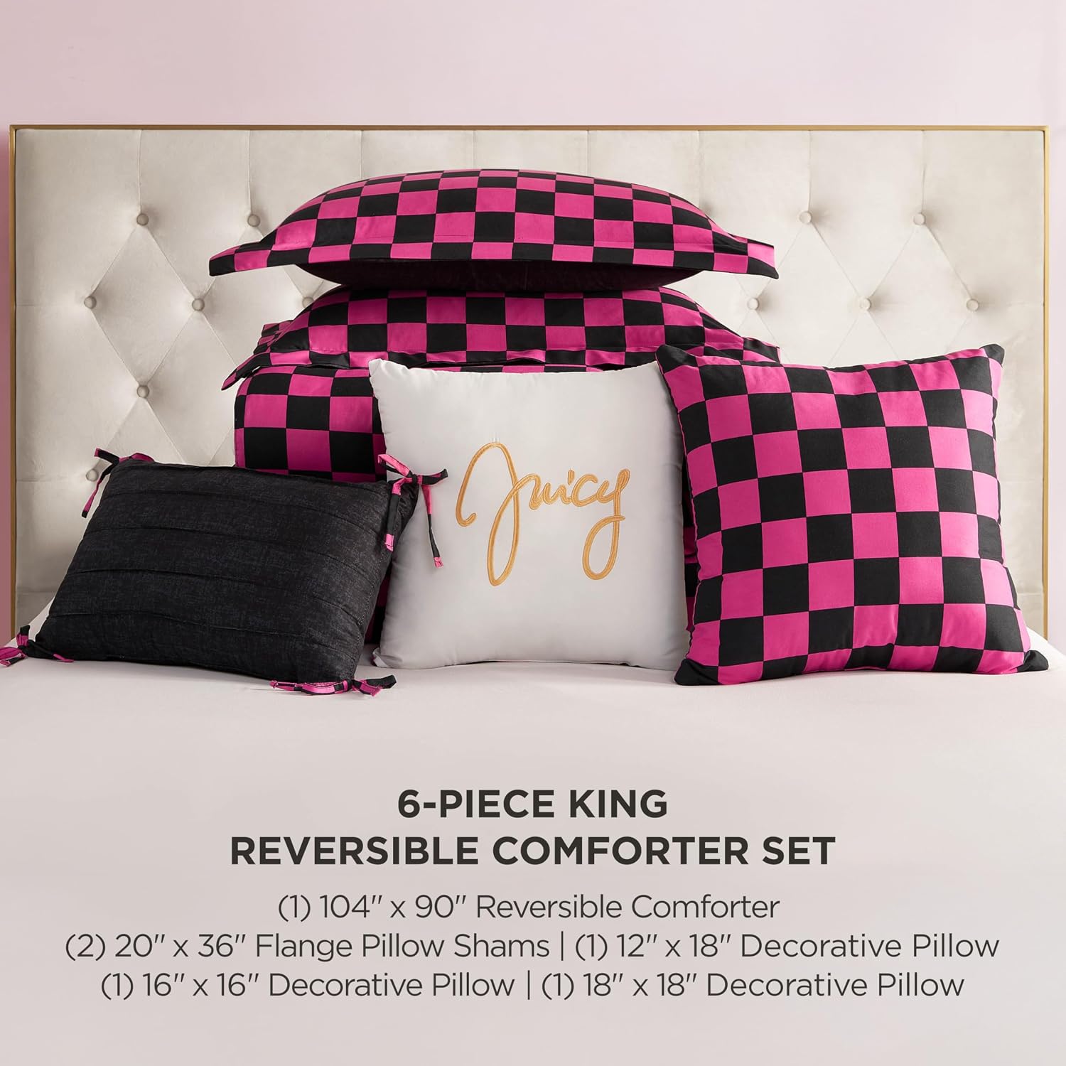 Juicy Couture Reversible Checkerboard Comforter Set 6-Piece King Set, Black/Hot Pink