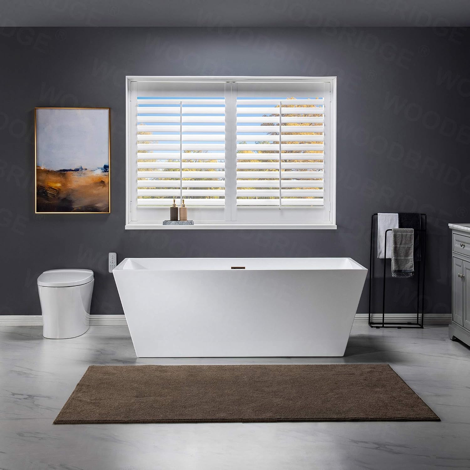 WOODBRIDGE 67' Acrylic Freestanding Bathtub Contemporary Soaking White Tub with Oil Rubbed Bronze Overflow and Drain，BTA1512-ORB-Drain&O