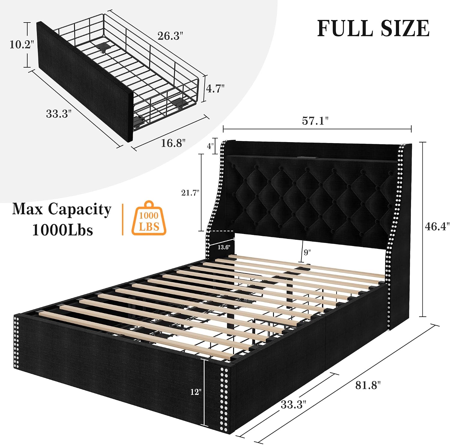 Upholstered Full Bed Frame with 4 Storage Drawers，Wingback Headboard with Charging Station, Diamond Stitched Button Tufted Design, No Box Spring Needed, Black