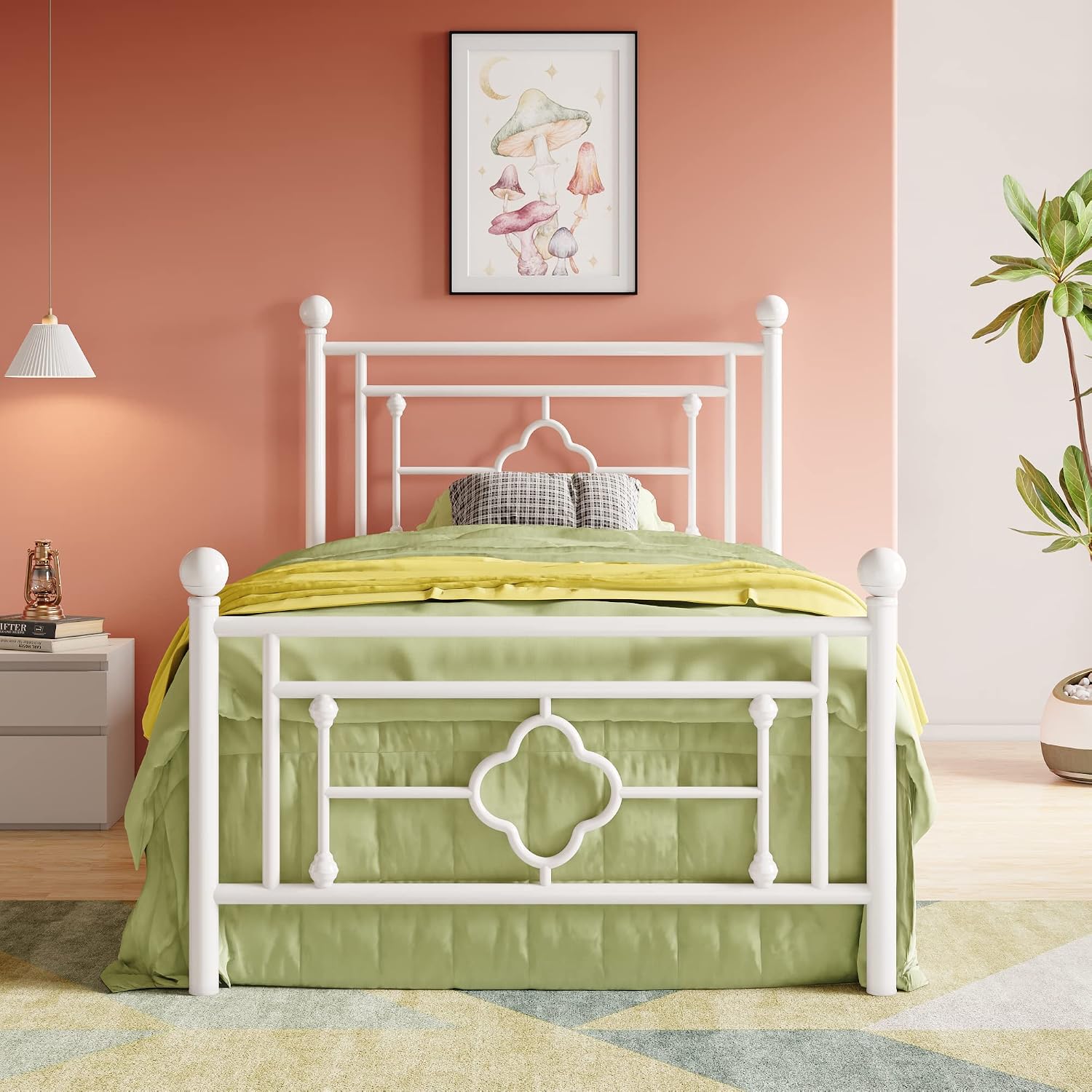 HOOMIC 14 Inch Twin Size Metal Platform Bed Frame, Vintage Victorian Style, Wrought Iron Headboard and Footboard/Mattress Foundation for Storage/No Box Spring Required/Easy Assembly/White