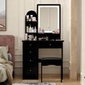 FUFU&GAGA Vanity Set with Rectangular Mirror & Lights, Makeup Vanity Dressing Table with 5 Drawers, Shelves, Dresser Desk and Cushioned Stool Set (Black/Lighted Mirror)
