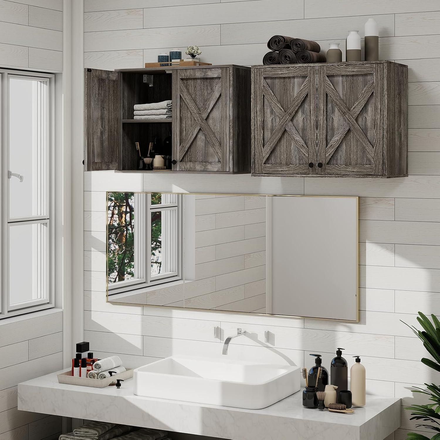 YOURLITE Laundry Cabinet, Medicine Cabinet, Bathroom Kitchen Storage Wall Mounted Farmhouse Organizer with Shelves Over Toilet, One Set of 2 Pieces X 24', Grey