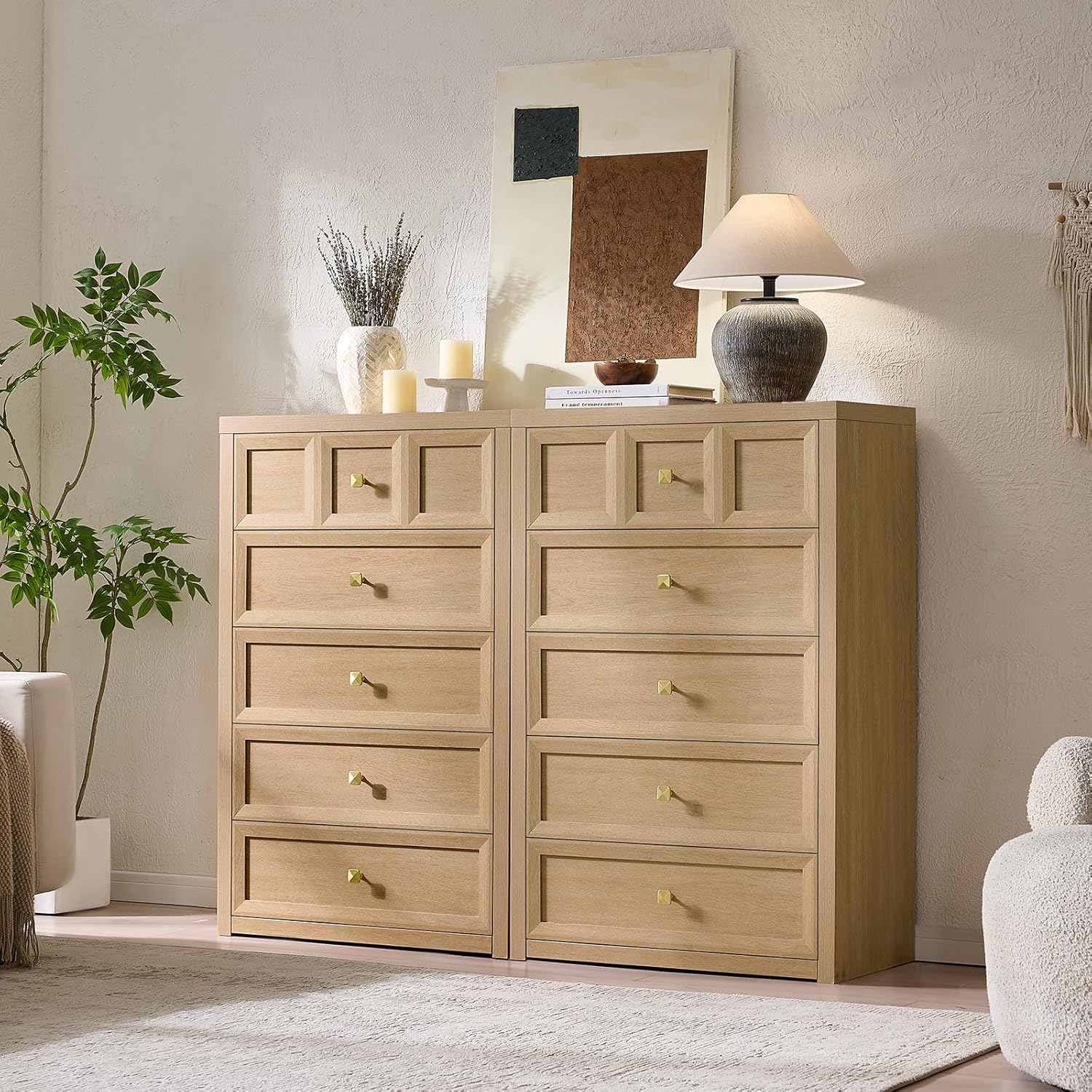 3-Piece Bedroom Set, 5 Drawer Tall Dresser and 3 Drawer King Size Nightstands Set of 2 with Charging Station, 3 Piece Farmhouse Wood Bedroom Dresser and Nightstand Sets, Natural