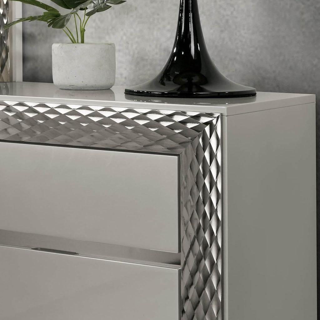 Furniture of America Racken Glam Solid Wood 5-Piece Bedroom Set with LED on Chevron Headboard, Plinth Base, Silver Molding, Metal Side Glide, Felt-Lined Top Drawer, No Box Spring Needed, King, Gray