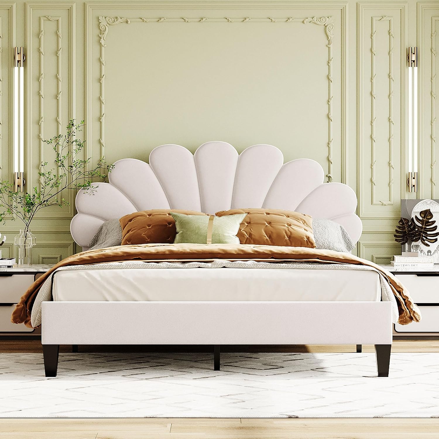 Harper & Bright Designs Queen Size Upholstered Platform Bed Frame with Flower Pattern Velvet Headboard for Boys Girls Kids Adults, Beige