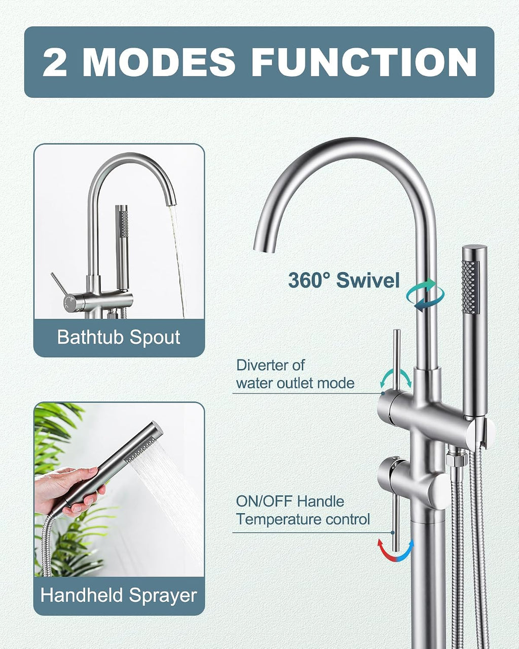Freestanding Bathtub Faucet Brushed Nickel, Floor Mount Tub Filler, High Flow Brass Shower Faucets with Handheld Sprayer for Bath