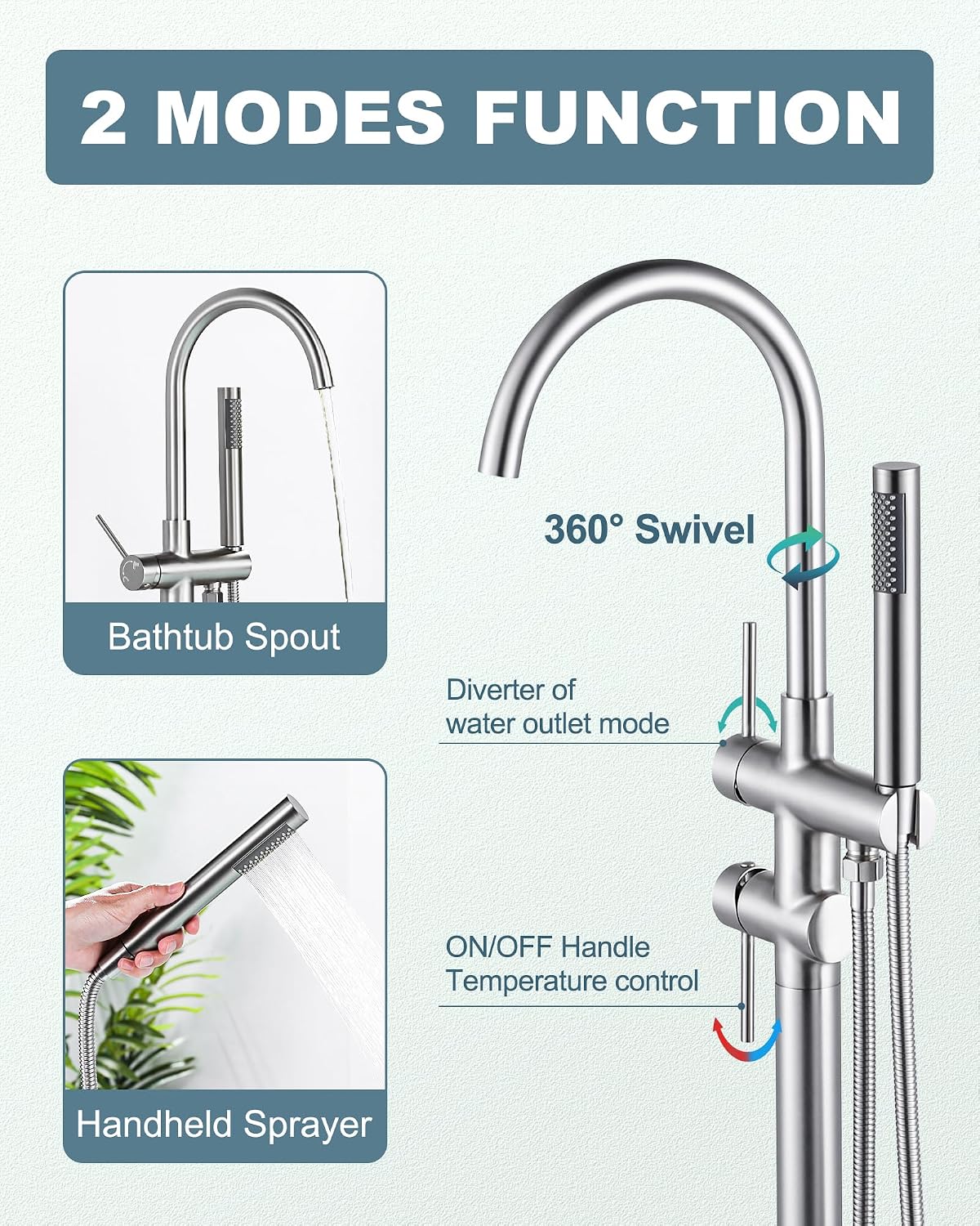 Freestanding Bathtub Faucet Brushed Nickel, Floor Mount Tub Filler, High Flow Brass Shower Faucets with Handheld Sprayer for Bath