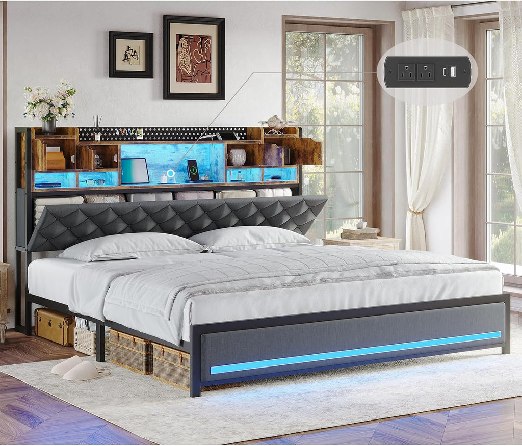 BYSAUD King Size Bed Frame, King Bed Frame with Storage Headboard, Upholstered Platform Bed Frame with LED Lights and Charging Station, Noise Free, Heavy Duty Metal Slats, Easy Assembly, Gray