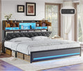 BYSAUD King Size Bed Frame, King Bed Frame with Storage Headboard, Upholstered Platform Bed Frame with LED Lights and Charging Station, Noise Free, Heavy Duty Metal Slats, Easy Assembly, Gray