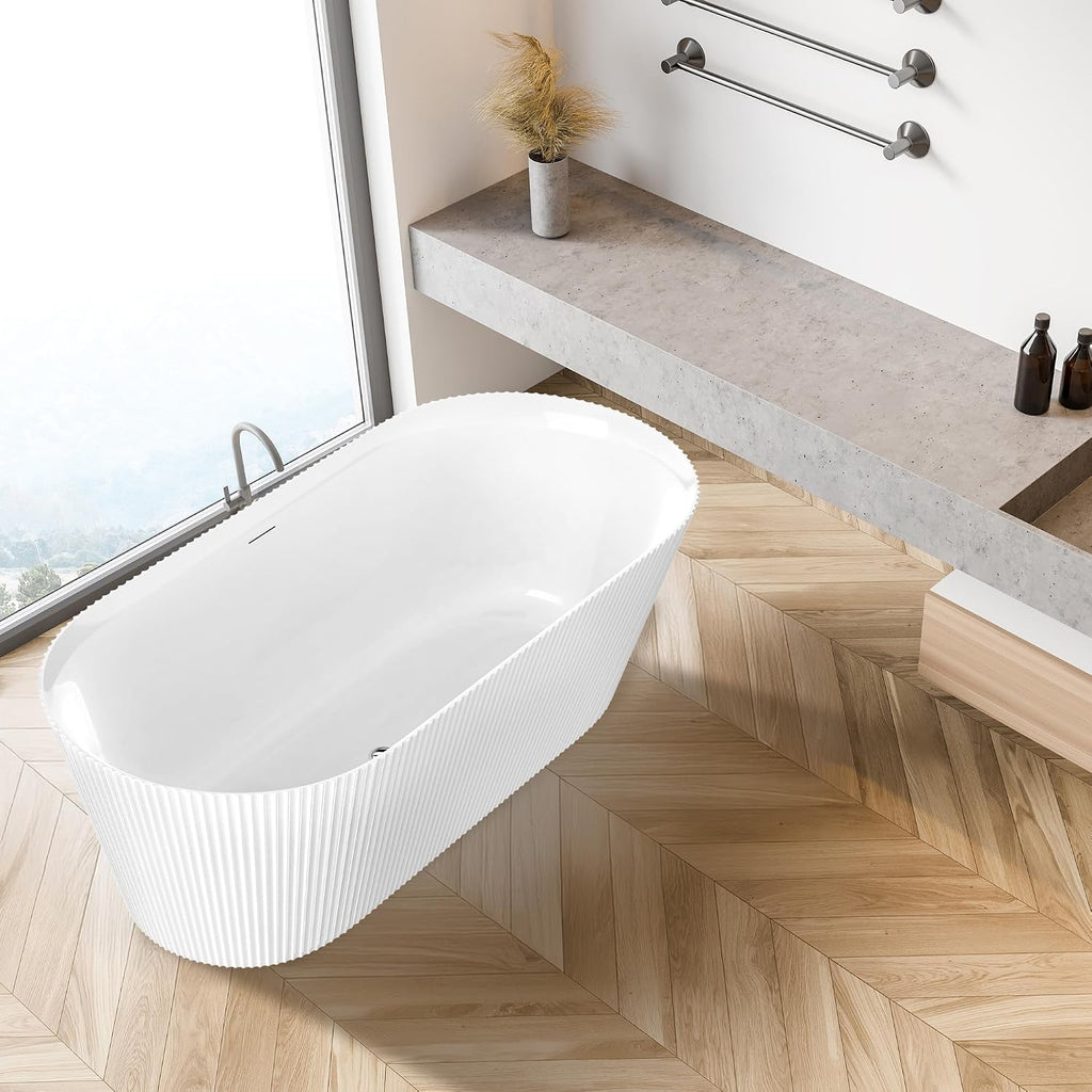 ANZZI Freestanding Soaking Bathtub 59 In Acrylic Solid Surface Glossy Flatbottom White Bailey Series 14.8 In Soaking Depth 67.4 Gal Capacity Overflow Drain Compact One Piece Design | AMZFT650-59