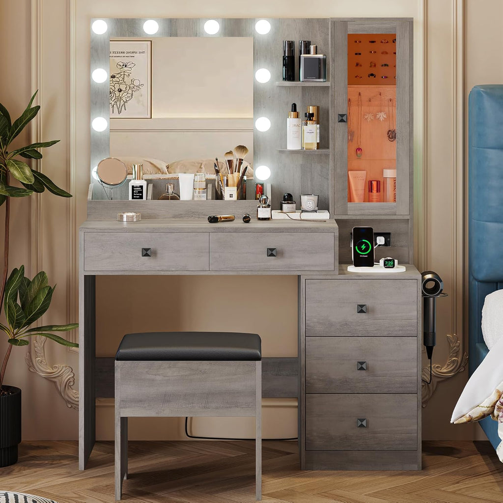Vanity Desk with Mirror and Lights, Makeup Vanity Table Set with 5 Storage Drawers, Power Outlet & Chair, Small Dressing Table with RGB Ambient Light, Adjustable Brightness for Girls Bedroom, Grey