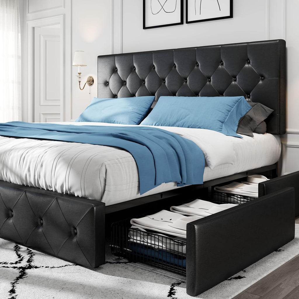 HOOMIC King Platform Storage Bed Frame with 4 Drawers & Adjustable Headboard, Wooden Slats, No Box Spring Needed, Diamond Stitched Button Tufted Design, Black