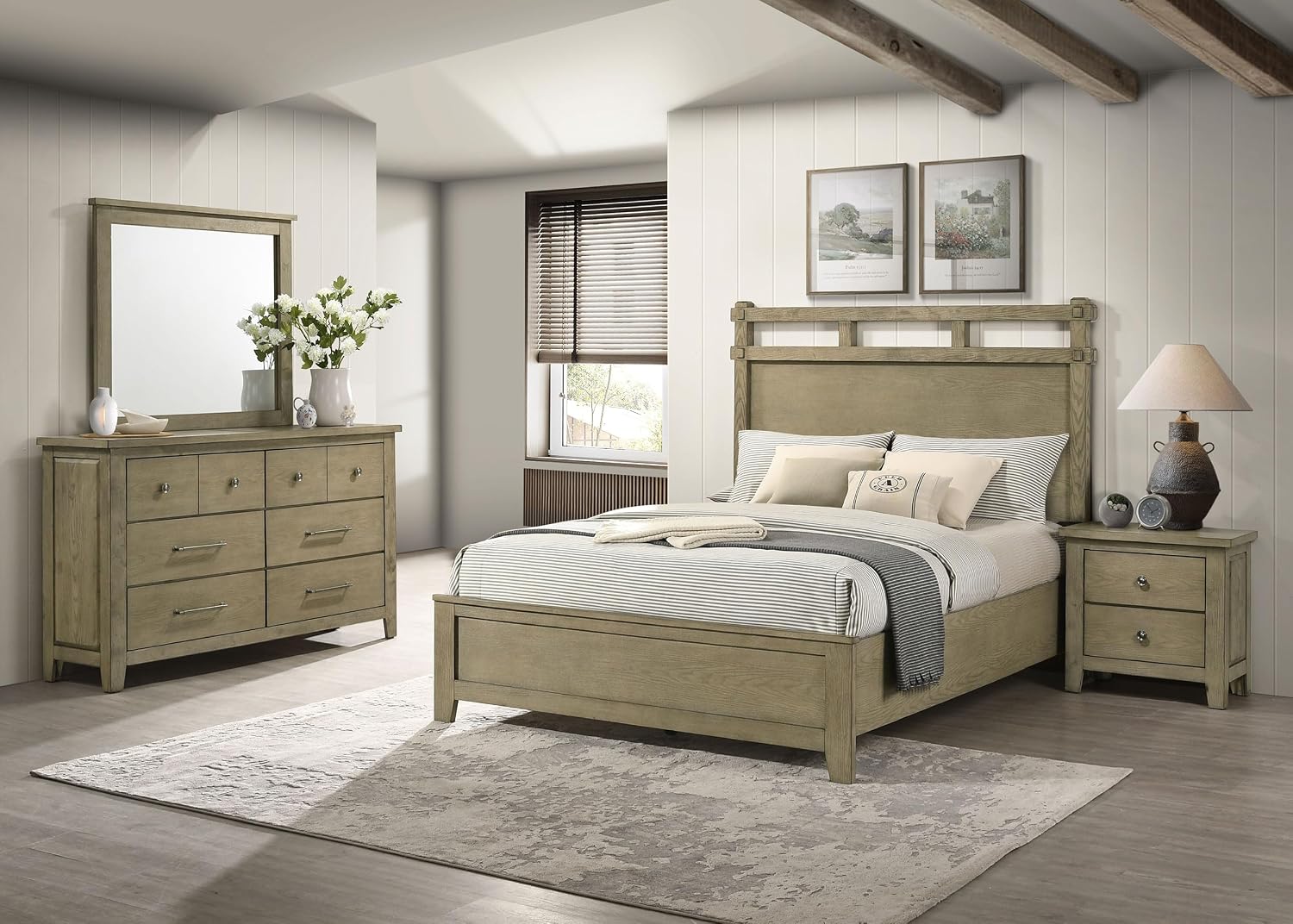 Coaster Home Furnishings - Hazlewood - Wood - 4-Piece Bedroom Set with Rustic Style, Slatted Headboard and Metallic Accent - Bedroom - Queen Size - Vineyard Oak - 207531Q-S4