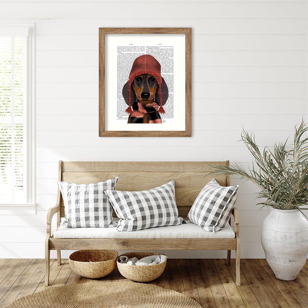 Amanti Art Framed Wall Art Print 36x30 Dachshund in Pink Hat and Scarf by Fab Funky, Animals Wall Art, Vintage Decor, Large Poster Painting Artwork for Living Room, Bedroom, Bathroom, Kitchen, Office