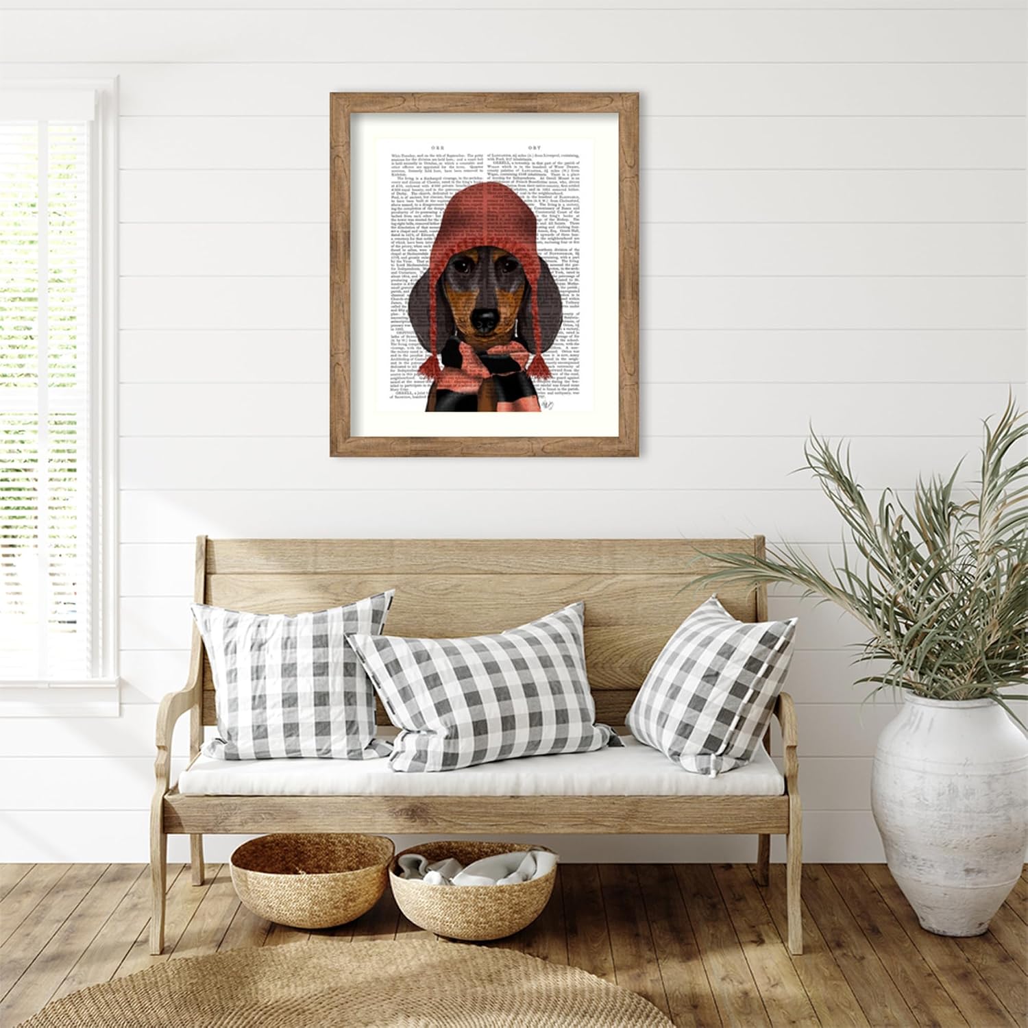 Amanti Art Framed Wall Art Print 36x30 Dachshund in Pink Hat and Scarf by Fab Funky, Animals Wall Art, Vintage Decor, Large Poster Painting Artwork for Living Room, Bedroom, Bathroom, Kitchen, Office