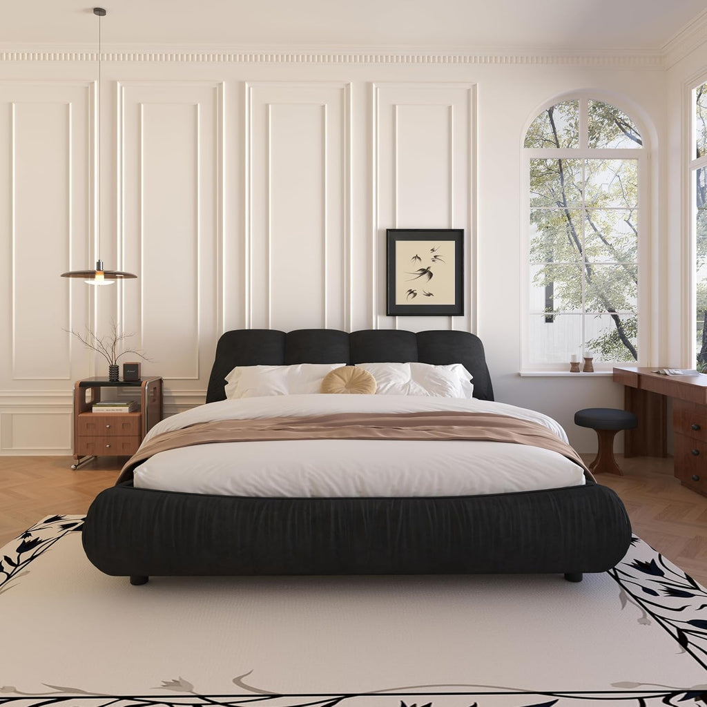 KEIKI Queen Size Upholstered Platform Bed with Oversized Padded Backrest,Thickening Pinewooden Slats and Metal Leg,Black