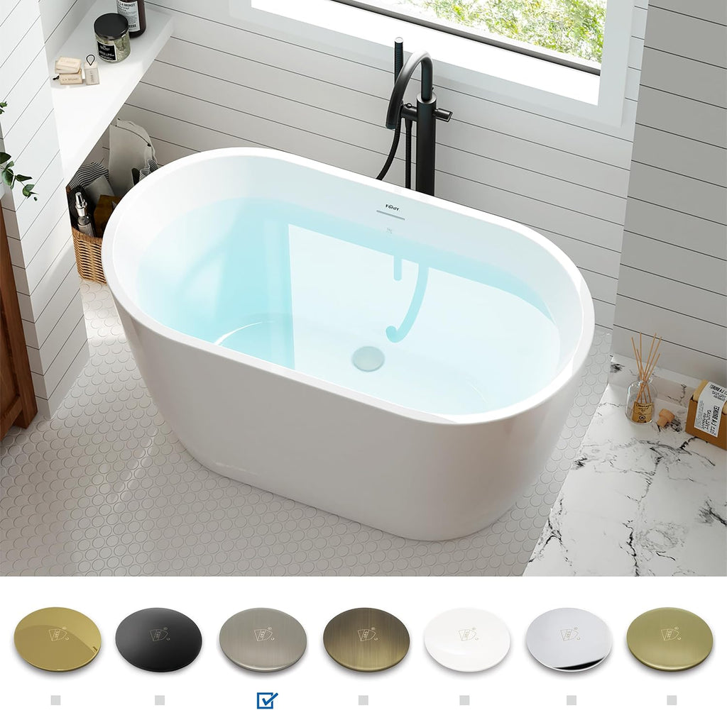 FerdY 47' Bali Acrylic Freestanding Bathtub, Gracefully Shaped Freestanding Soaking Bathtub, cUPC Certified, Toe-Tap Brushed Nickle Drain and Minimalist Linear Design Overflow Included