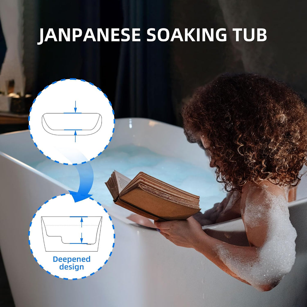 WOODBRIDGE 48' Acrylic Freestanding Rectangular Air Bath Bathtub with Pre-molded Seat and Chrome Pop-Up Drain and Overflow Option, White, B0170-C