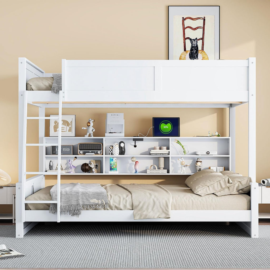 RUNNA Twin XL Over Queen Bunk Bed with Storage Cabinets and USB Ports, Solid Pine Wood Frame, Safety Guard Rails, No Box Spring Needed (Antique White1, Twin XL Over Queen)
