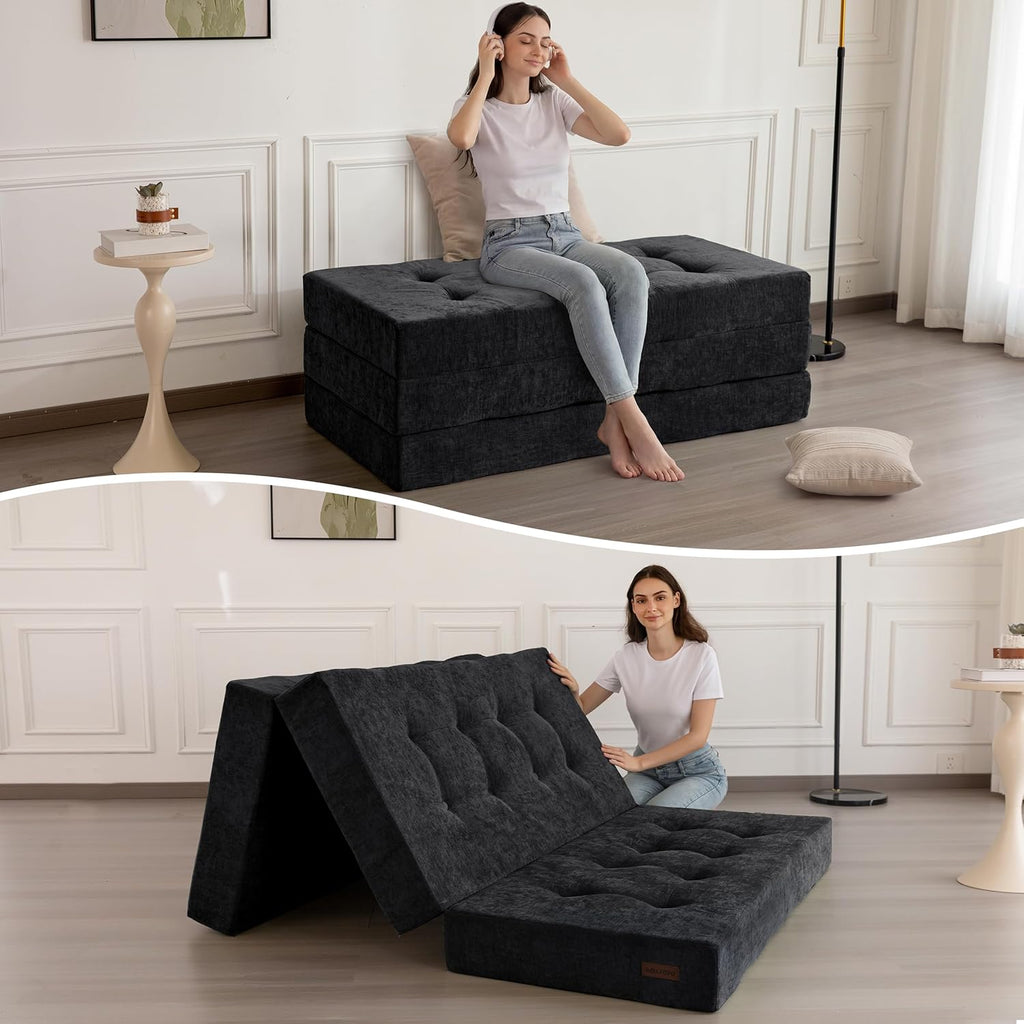 MAXYOYO 6' Folding Sofa Bed for Floor, Tufted Tri-Fold Floor Mattress with Chenille Fabric, Full Size Portable Sofa Couch Guest Mat for Adults, Foldable Topper for Camping, Black, 53'x75'