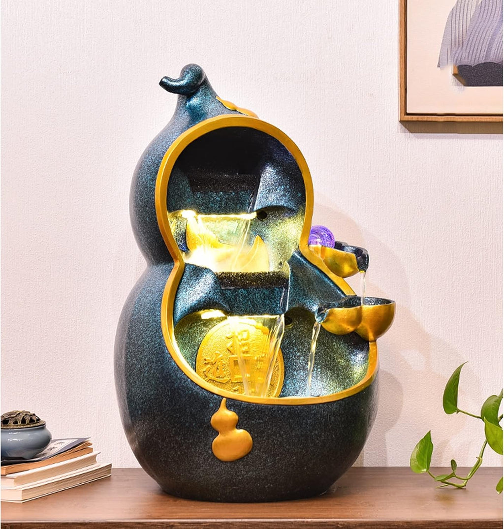 Desktop Fountain Resin Indoor Tabletop Fountain with Gourd Shape and Natural Flowing Water, Fountains for Home Office Living Room Desktop Decoration