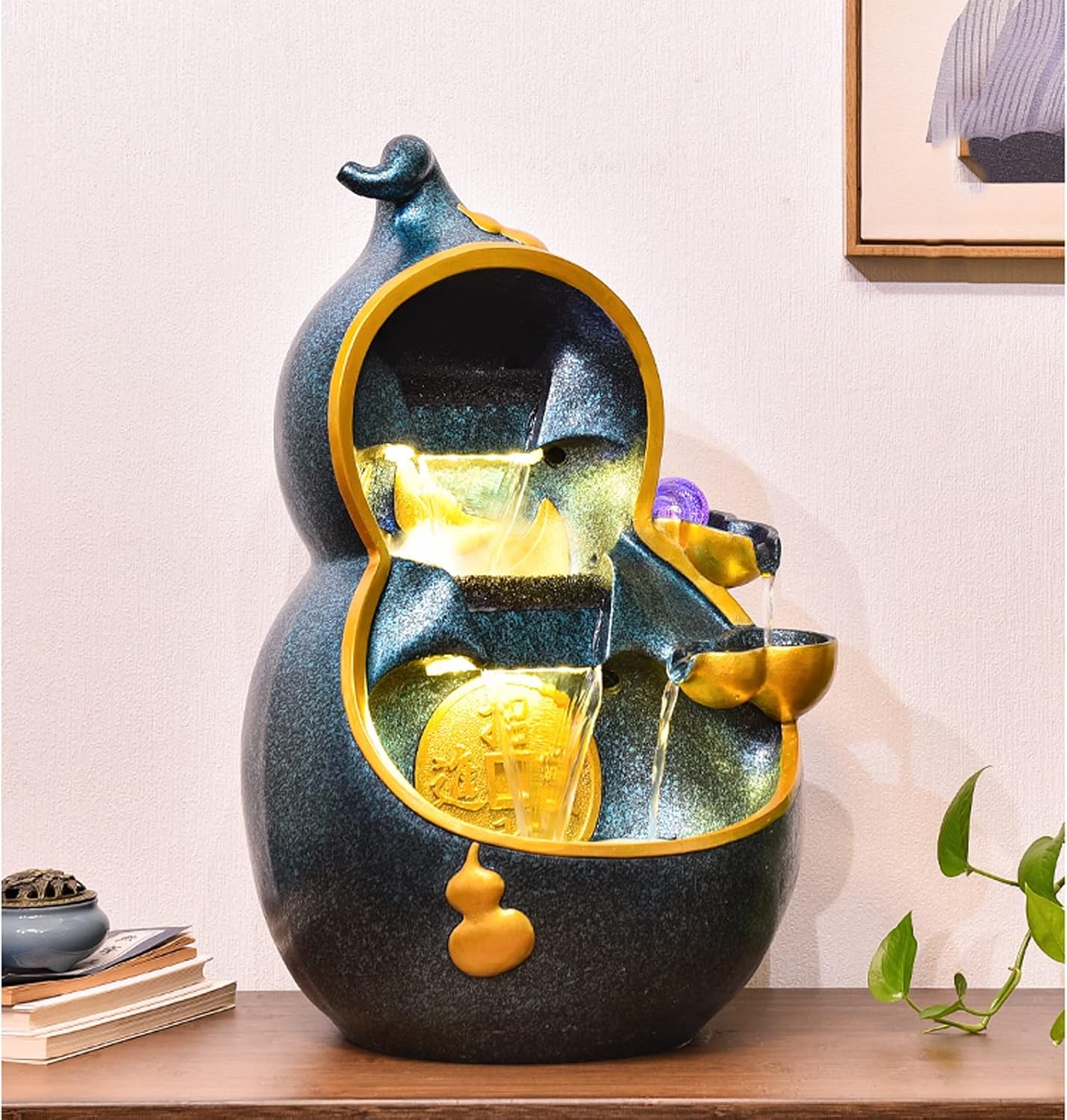 Desktop Fountain Resin Indoor Tabletop Fountain with Gourd Shape and Natural Flowing Water, Fountains for Home Office Living Room Desktop Decoration
