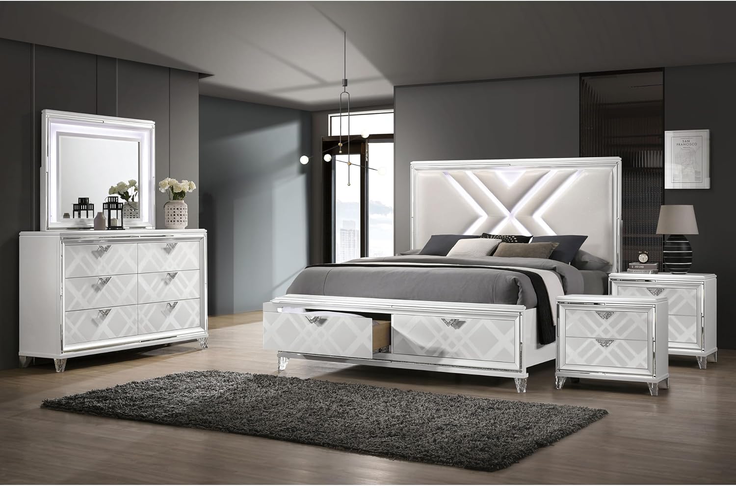 HOMES: Inside + Out Quasar Modern Wood 5-Piece Bedroom Set with LED Lights in Headboard and Mirror, USB Charger Behind Nightstand, Hidden Jewelry Drawers for Bedroom, California King, White