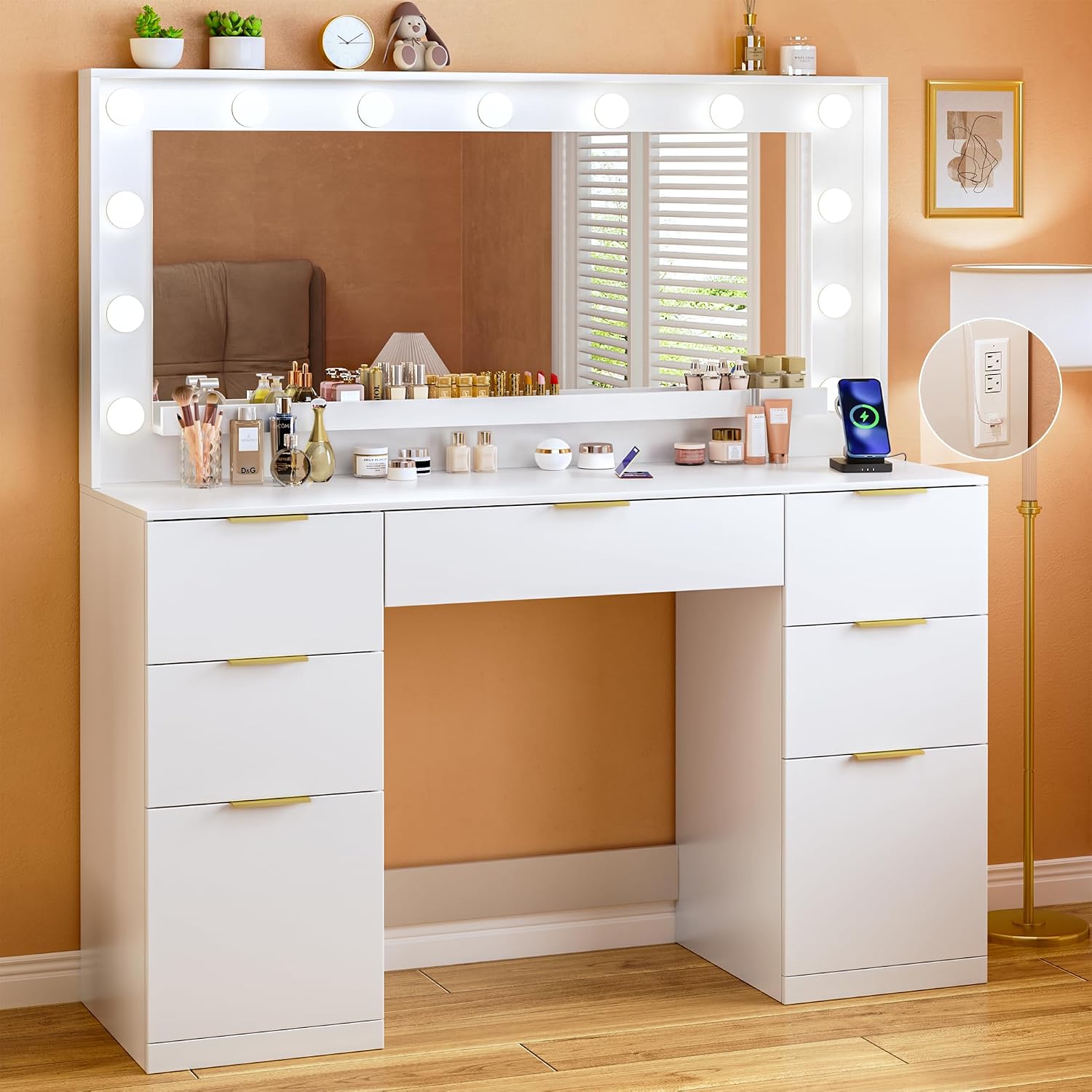 ALEXNUTRE Vanity Desk with Mirror and Lights, 45.3in Makeup Vanity with 7 Drawers & Large Mirror, White Vanity with 3-Color Adjustable Lighting & Charging Station, Make Up Vanity for Bedroom