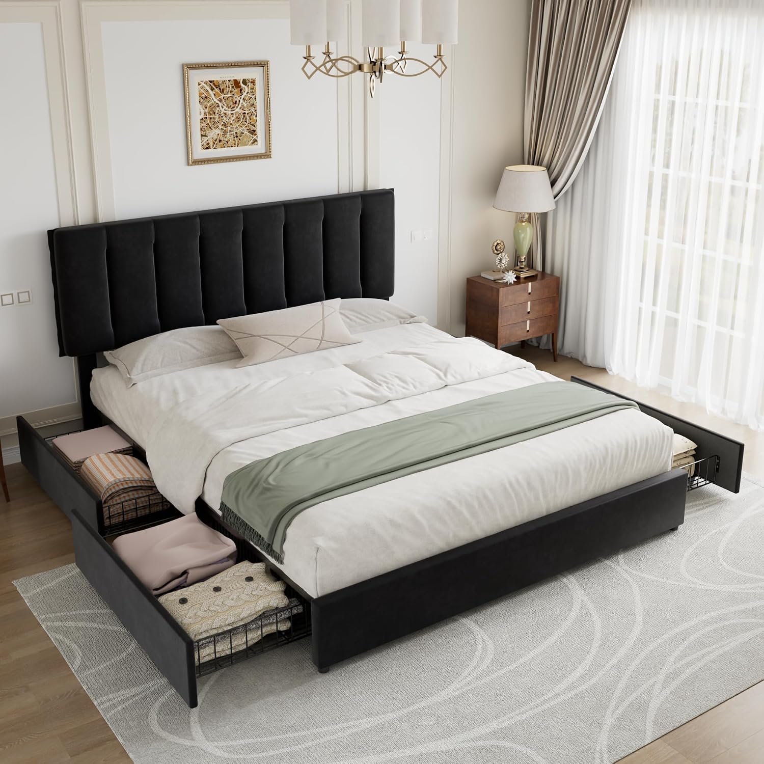 VECELO King Size Bed Frame with 4 Storage Drawers, Adjustable Height Headboard, Heavy-Duty Bedframe with Strong Wooden Slats, No Box Spring Needed, Black