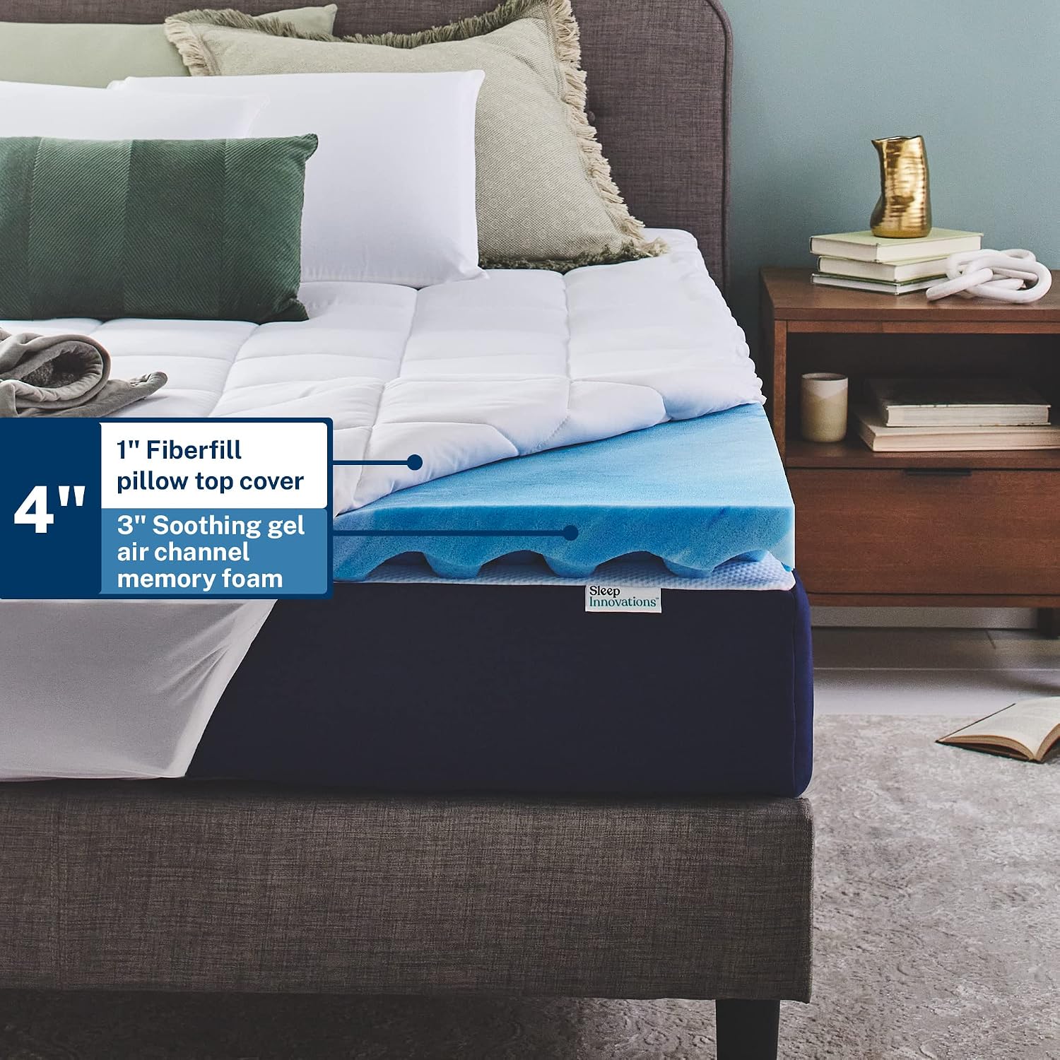 Sleep Innovations Dual Layer 4 Inch Memory Foam Mattress Topper, California King Size, Ultra Soft Support, 3 Inch Cooling Gel Memory Foam Plus 1 Inch Fluffy Pillow Top Cover