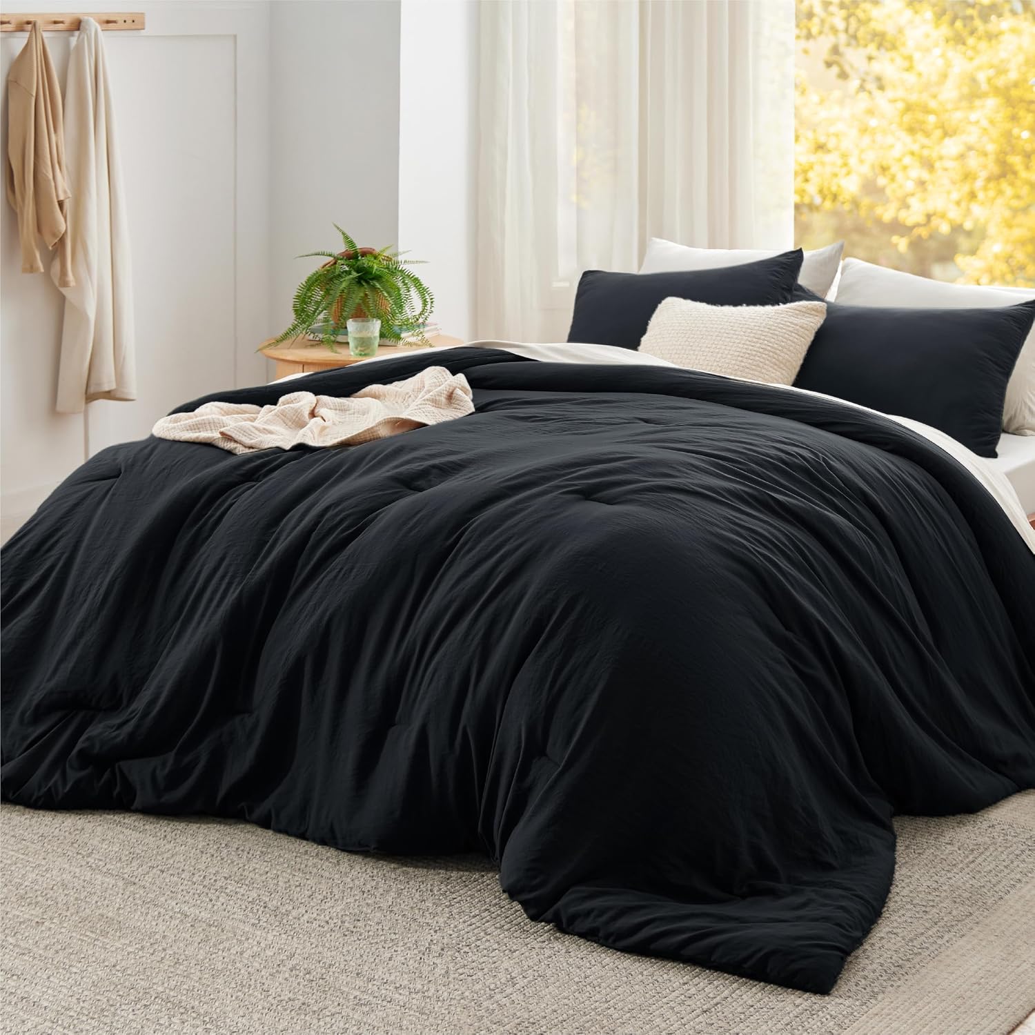 Bedsure Super King Comforter Set, Black Soft Prewashed Bedding for All Seasons, 3 Pieces GentleSoft™ Bed Set, 1 Lightweight Comforter (120'x120') and 2 Pillowcases (20'x36')
