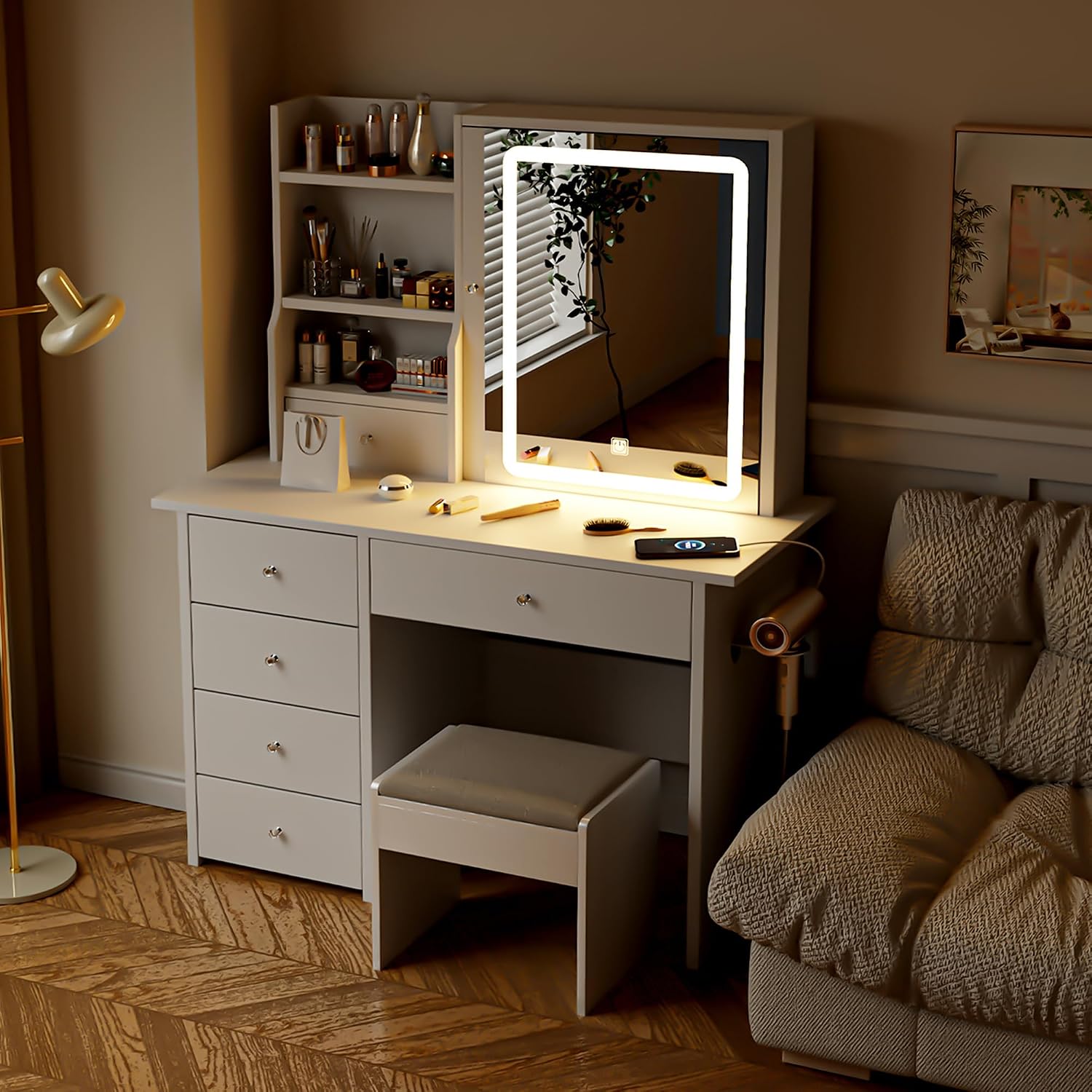 DYHOME Makeup Vanity Desk with LED Lights Mirror 3 Adjustable Modes and Power Outlets, Vanity Table with 6 Drawers Dresser and Bench, Makeup Desk for Bedroom Dressing Room, White