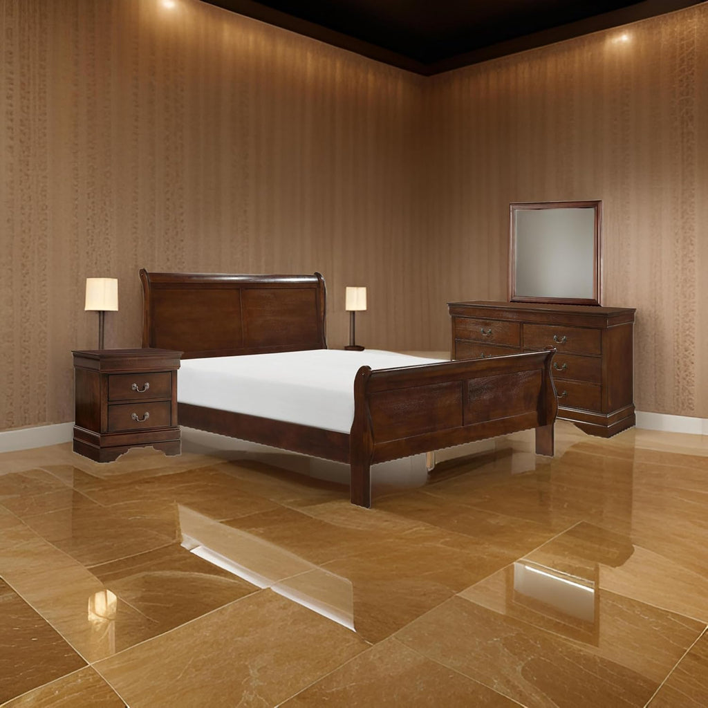 Benzara Fy Four Piece Queen Size Bedroom Set- Antique Brass Metal Handles- Cherry Brown