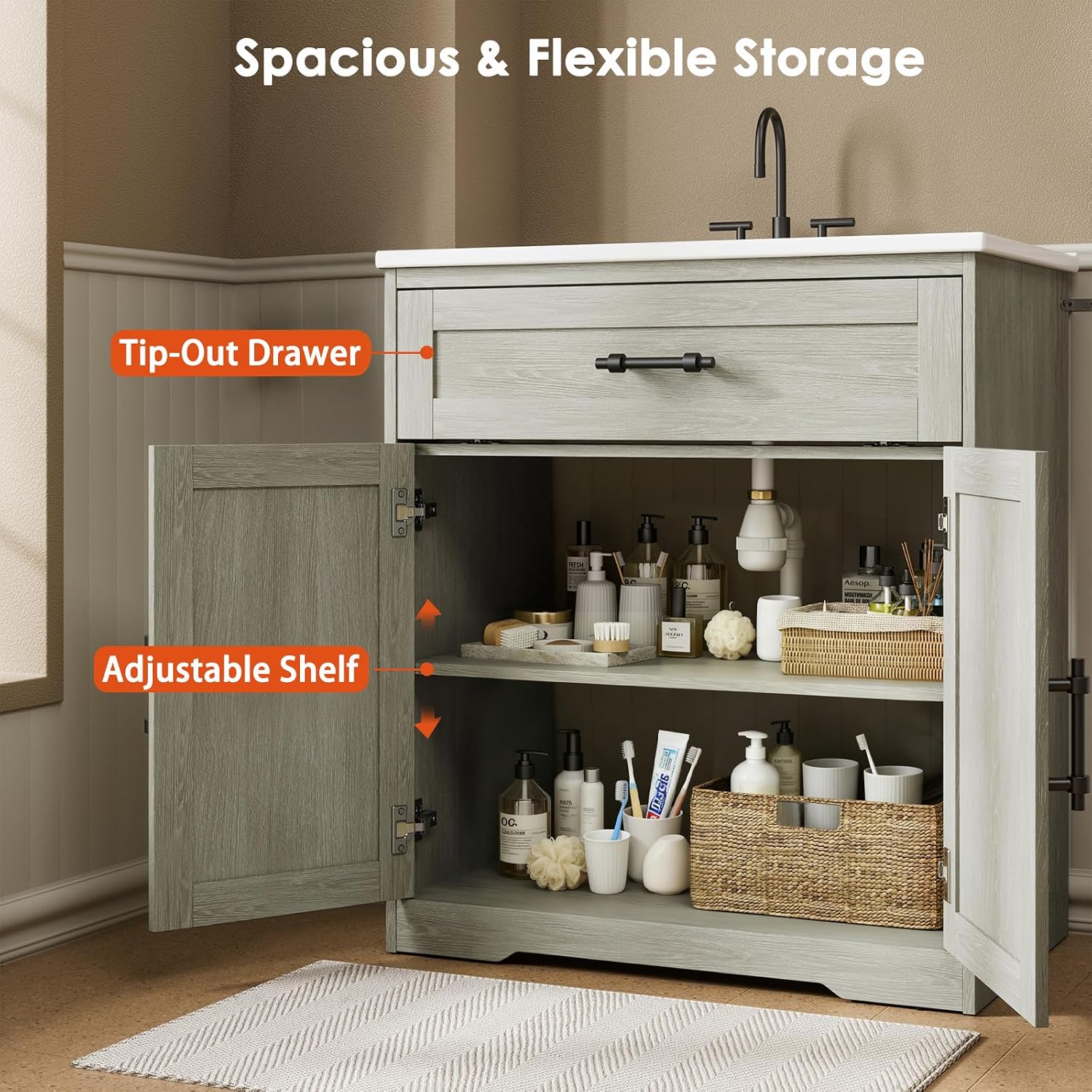 Amada 30″ Bathroom Vanity with Ceramic Sink, Farmhouse Undermount Vanity Sink Cabinet with 2 Doors and 1 Drawer, Free Standing Bathroom Cabinet with Sink Combo Set, Grey