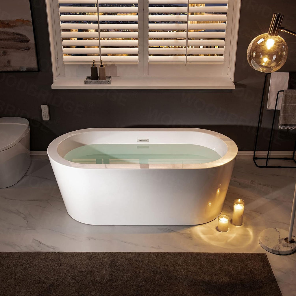 WOODBRIDGE 59' Acrylic Freestanding Bathtub Contemporary Soaking Tub, White Acrylic (Chrome Drain/Overflow),B0012 C-Drain &O