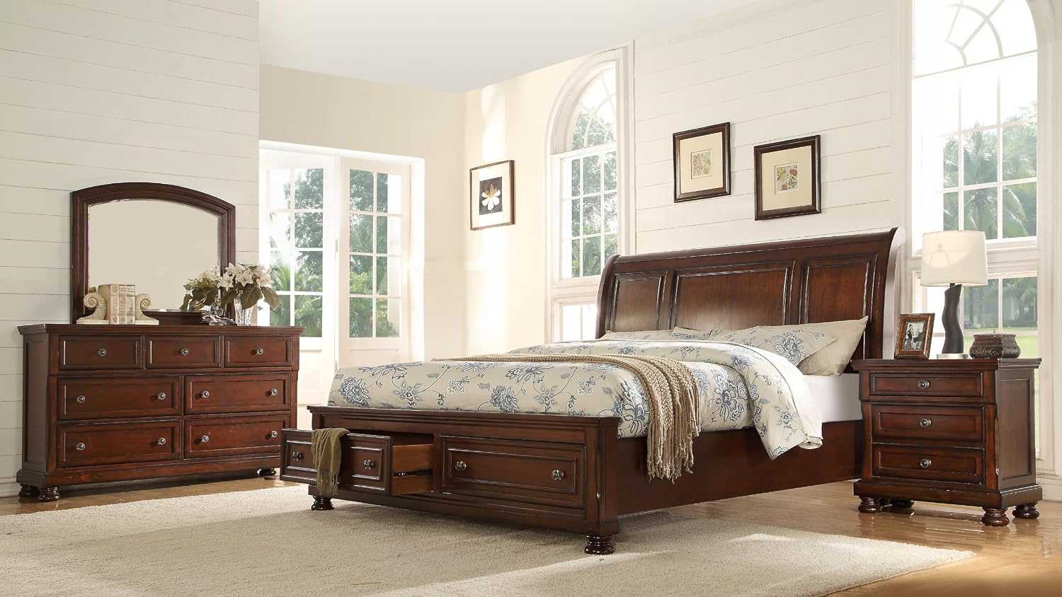 King 4 Pc Storage Platform Bedroom Set Made with Wood in Dark Walnut