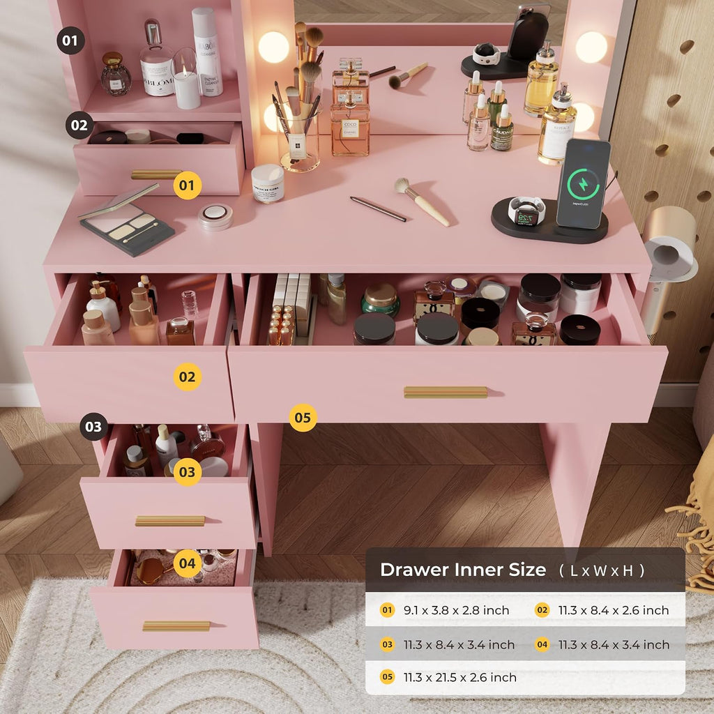 Otterease Vanity Desk with LED Lighted Mirror&Power Outlet, 3 Lighting Colors Makeup Vanity with 5 Large Drawers and 3 Storage Shelves, Vanity with Storage Stool for Bedroom, Pink
