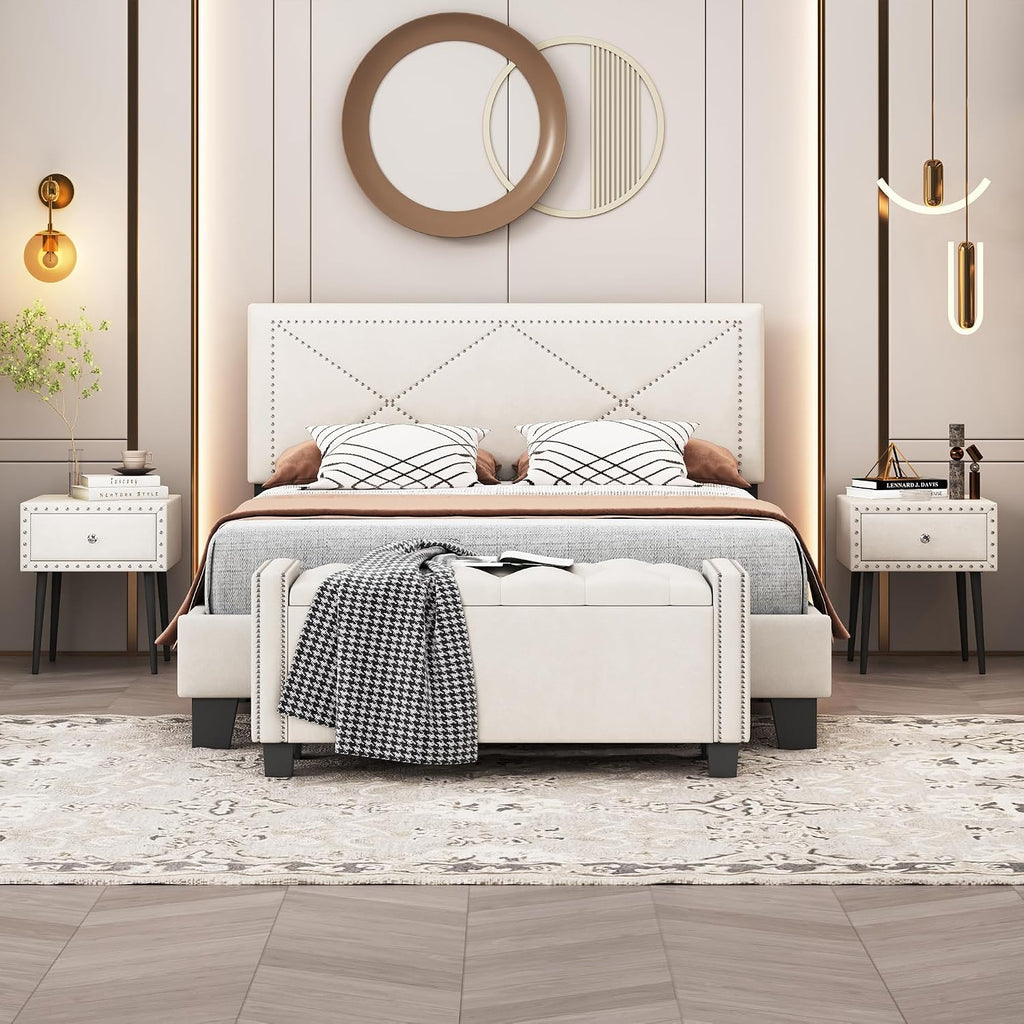 VilroCaz Exquisite 4-Pieces Bedroom Sets Queen Size Upholstered Bed Frame with Rivet Design Headboard, 2 Nightstands and Tufted Storage Ottoman (Beige-v4)