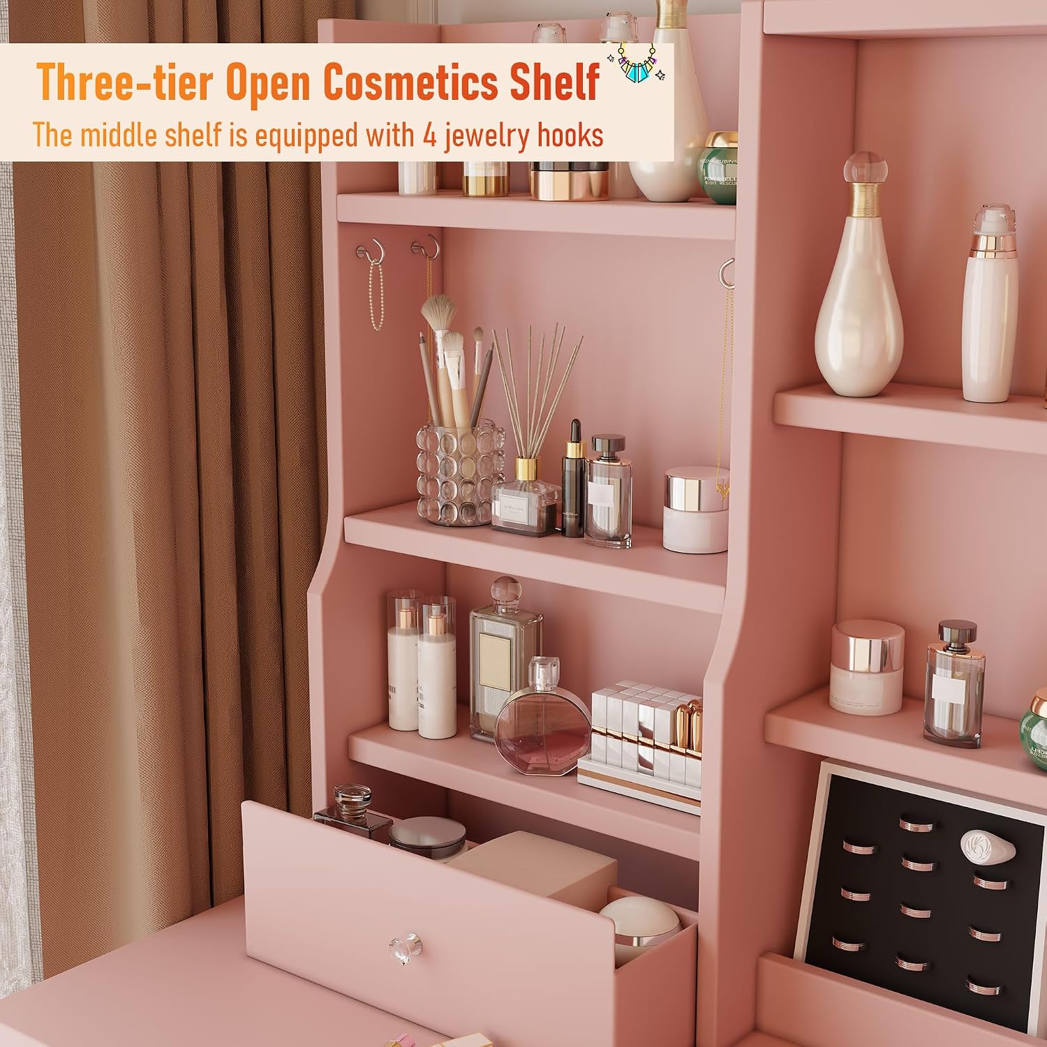 DYHOME Makeup Vanity Desk with LED Lights Mirror 3 Adjustable Modes and Power Outlets, Vanity Table with 6 Drawers Dresser and Bench, Makeup Desk for Bedroom Dressing Room, Pink