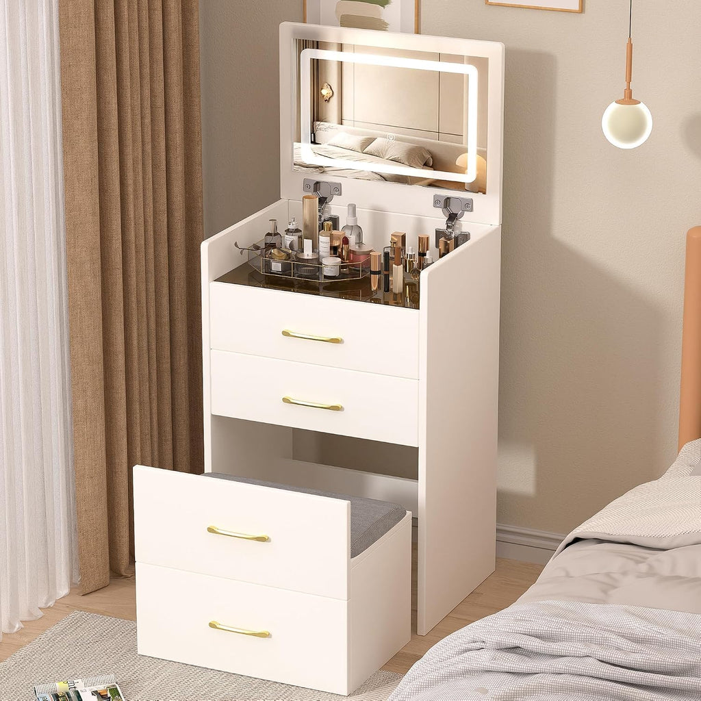 3 in 1 Vanity Desk with Plip Top Mirror and Lights,Small Make Up Vanity Set with Visible Glass Desktop,Compact Makeup Vanity with 3 Drawers,Dressing Table for Bedroom,White