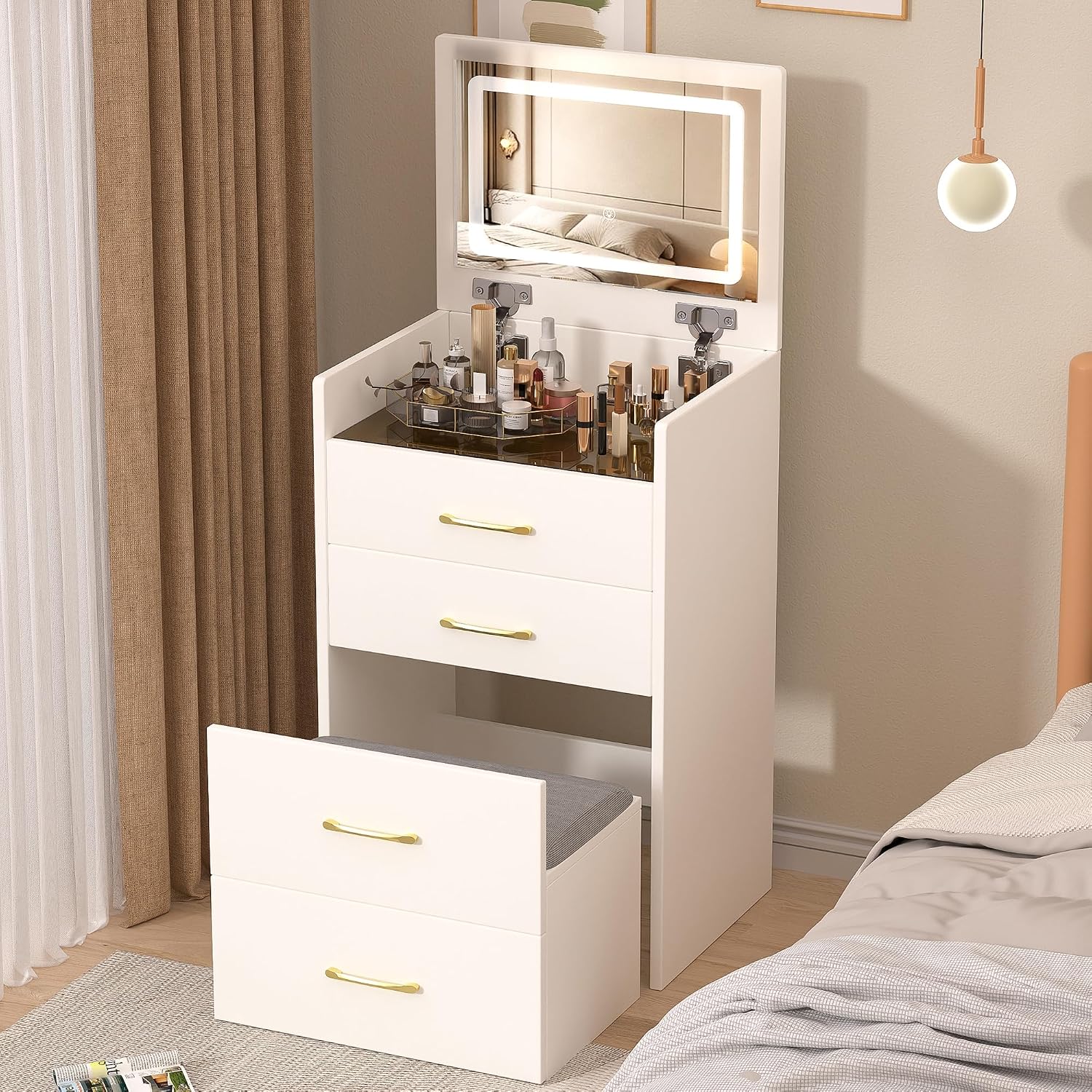 3 in 1 Vanity Desk with Plip Top Mirror and Lights,Small Make Up Vanity Set with Visible Glass Desktop,Compact Makeup Vanity with 3 Drawers,Dressing Table for Bedroom,White